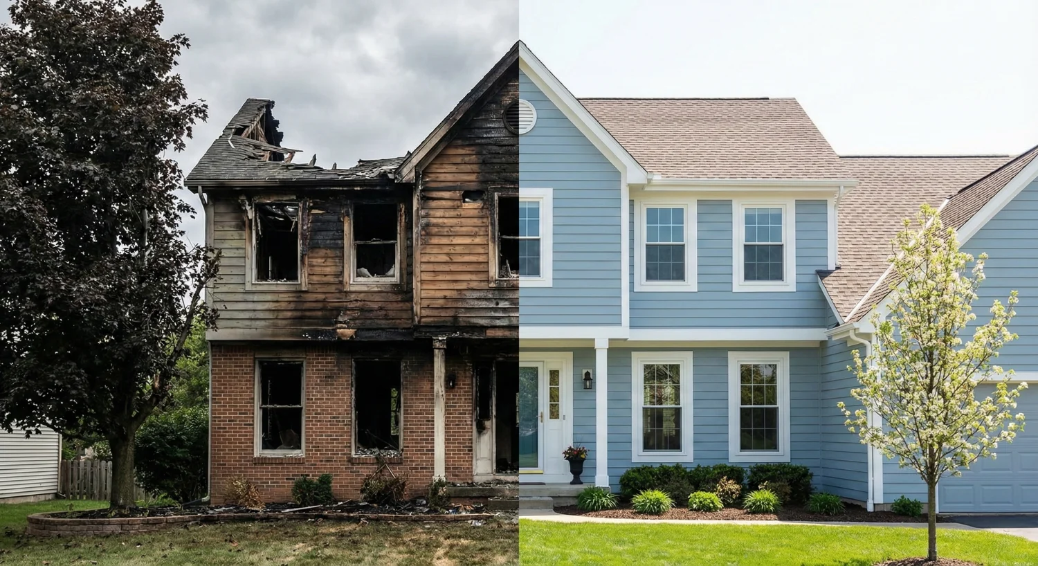 The same house before and after fire restoration: charred structure on the left, fully rebuilt home on the right.