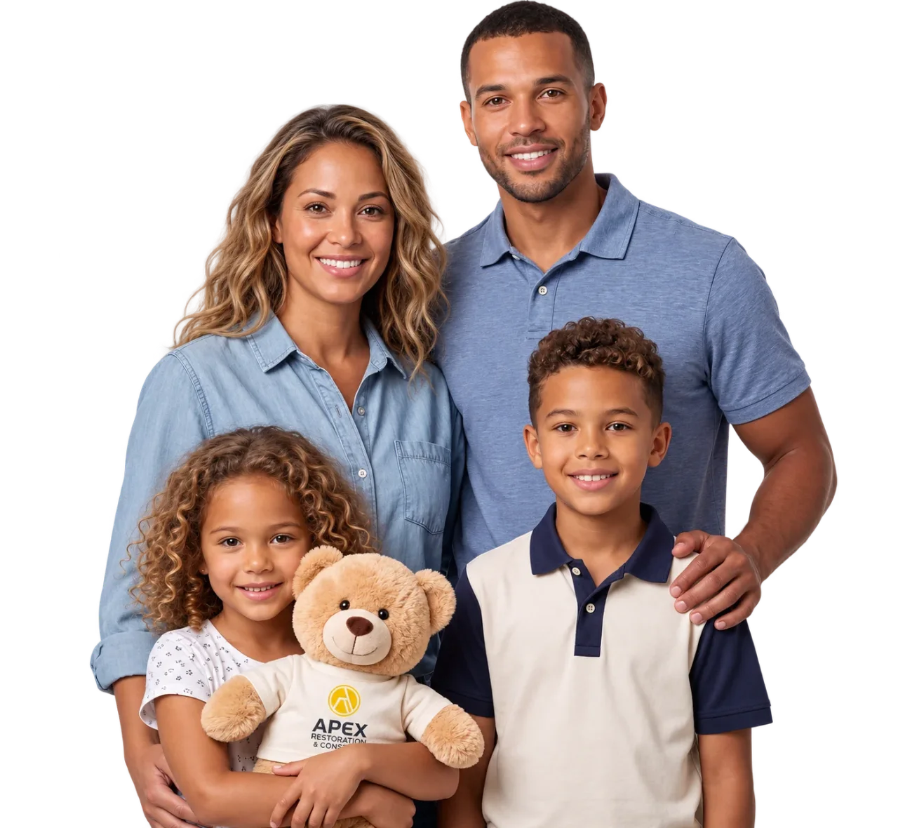 Family of four smiling, posing for a photo. A child holds a teddy bear in an Apex Restoration shirt.