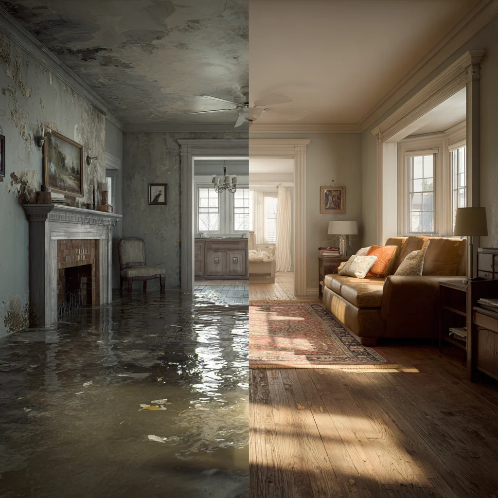 Standing water across a residential interior floor.