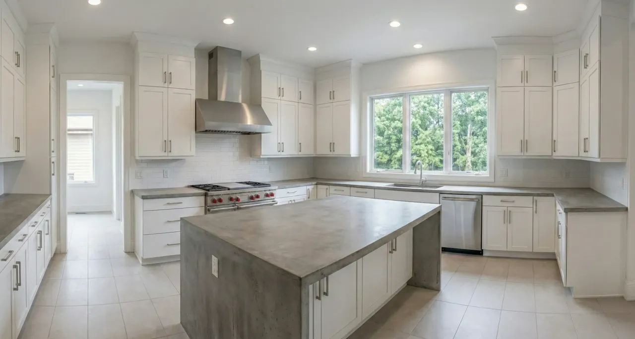 The same kitchen fully cleaned and rebuilt after remediation.