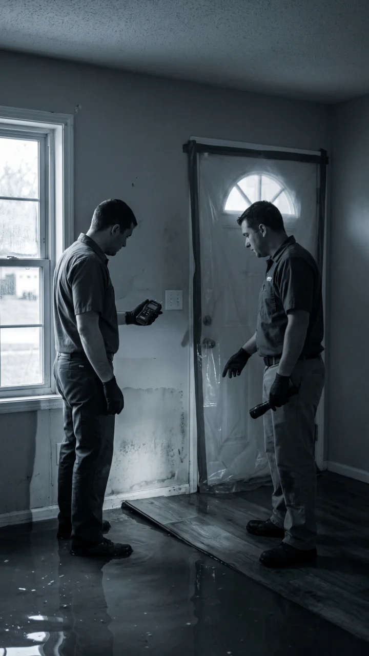 Two restoration technicians assessing water damage inside a home, containment sheeting across a doorway.