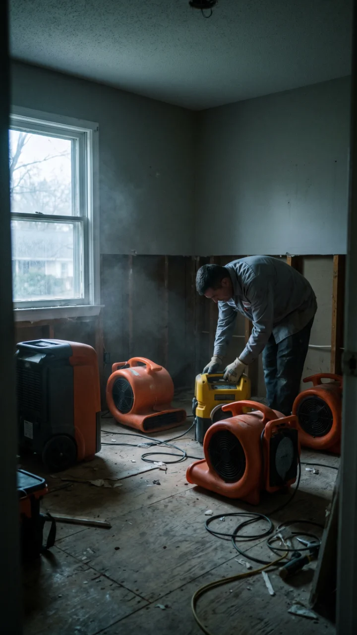 Industrial air movers and a dehumidifier drying a stripped residential room.