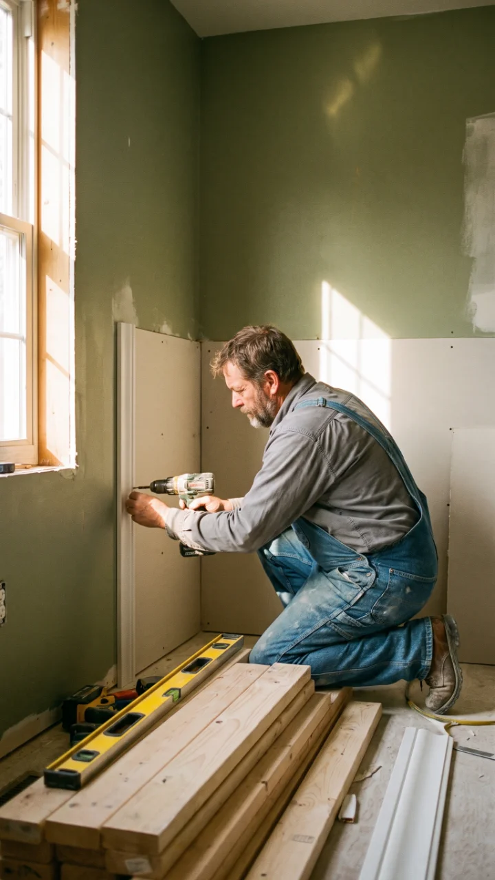 Carpenter installing new drywall and trim in a half-rebuilt room.