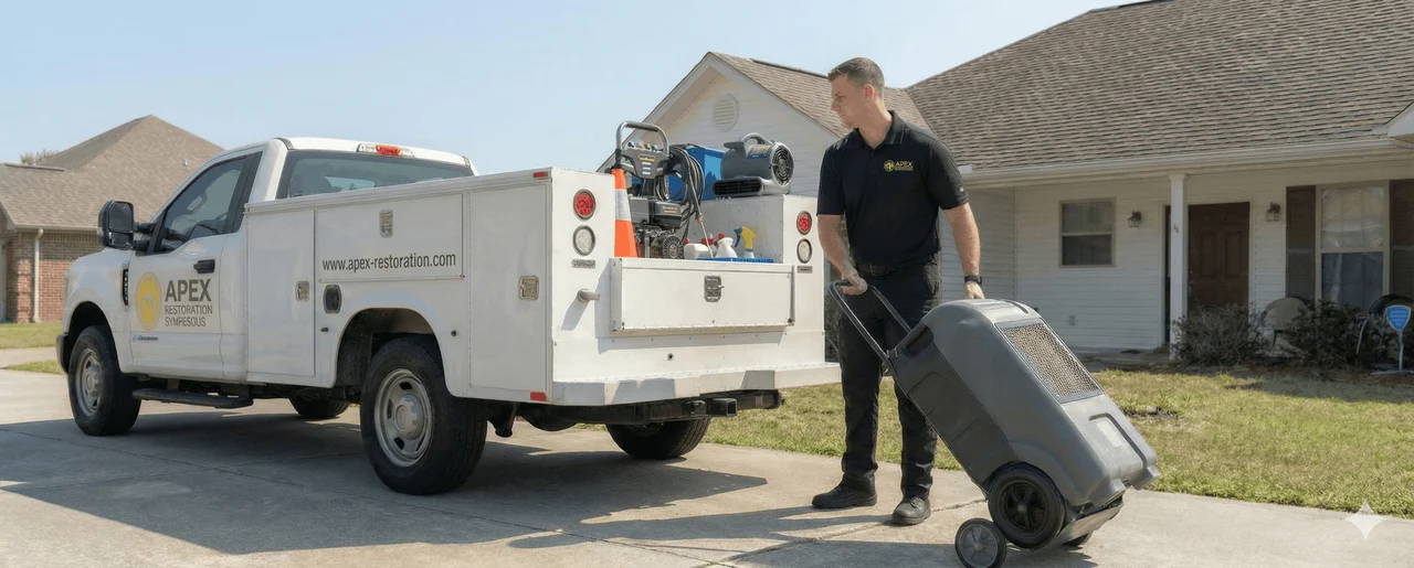 An Apex technician setting up drying equipment inside a home.