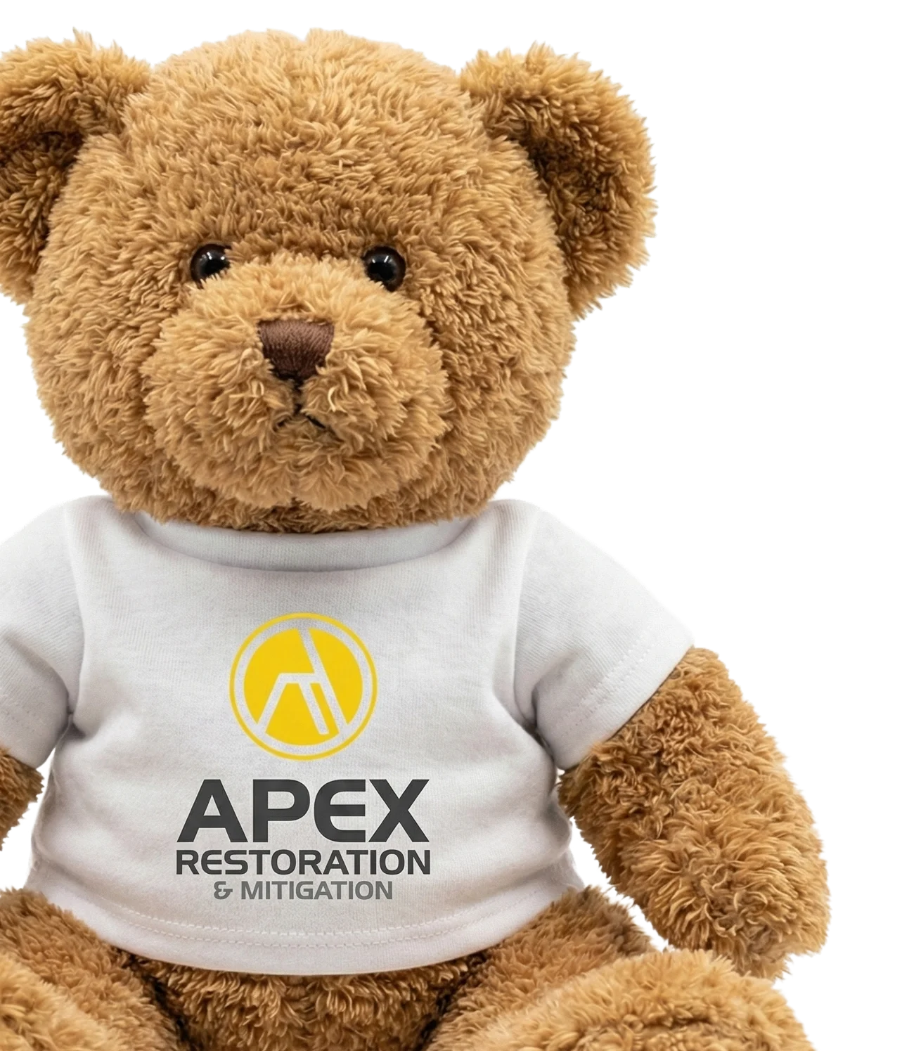 Teddy bear wearing a white t-shirt with the Apex Restoration & Mitigation logo.